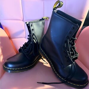 Dr. Martens Black Leather Combat Boots with Yellow Stitching